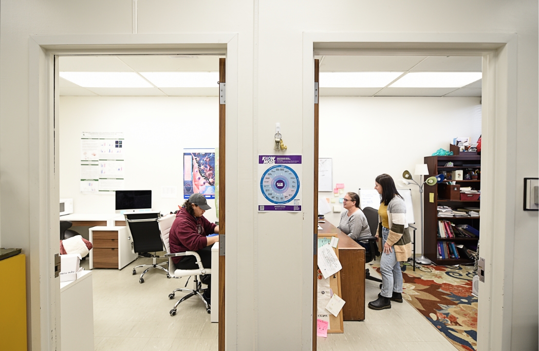 Looking into two offices where people are working